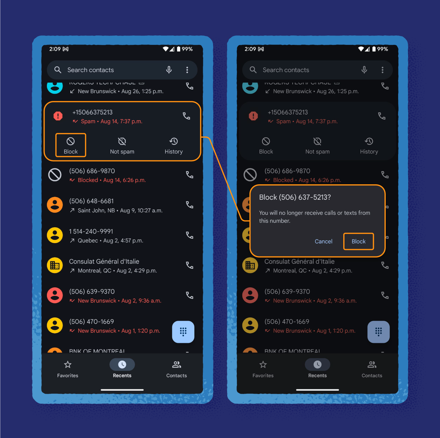 Screenshots showing how to block a contact in an android phone.