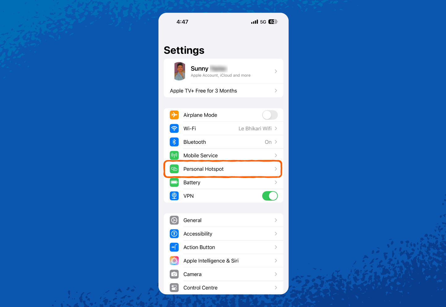 An iPhone screenshot showing where to locate the personal hotspot settings.