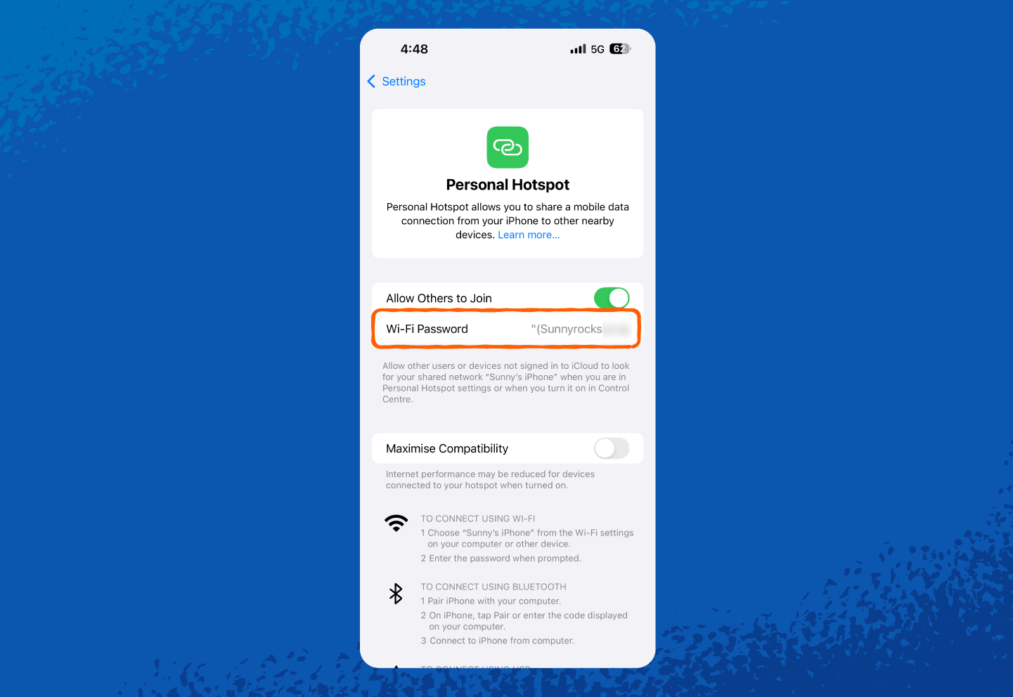 An iPhone screenshot showing where to find your hotspot password.