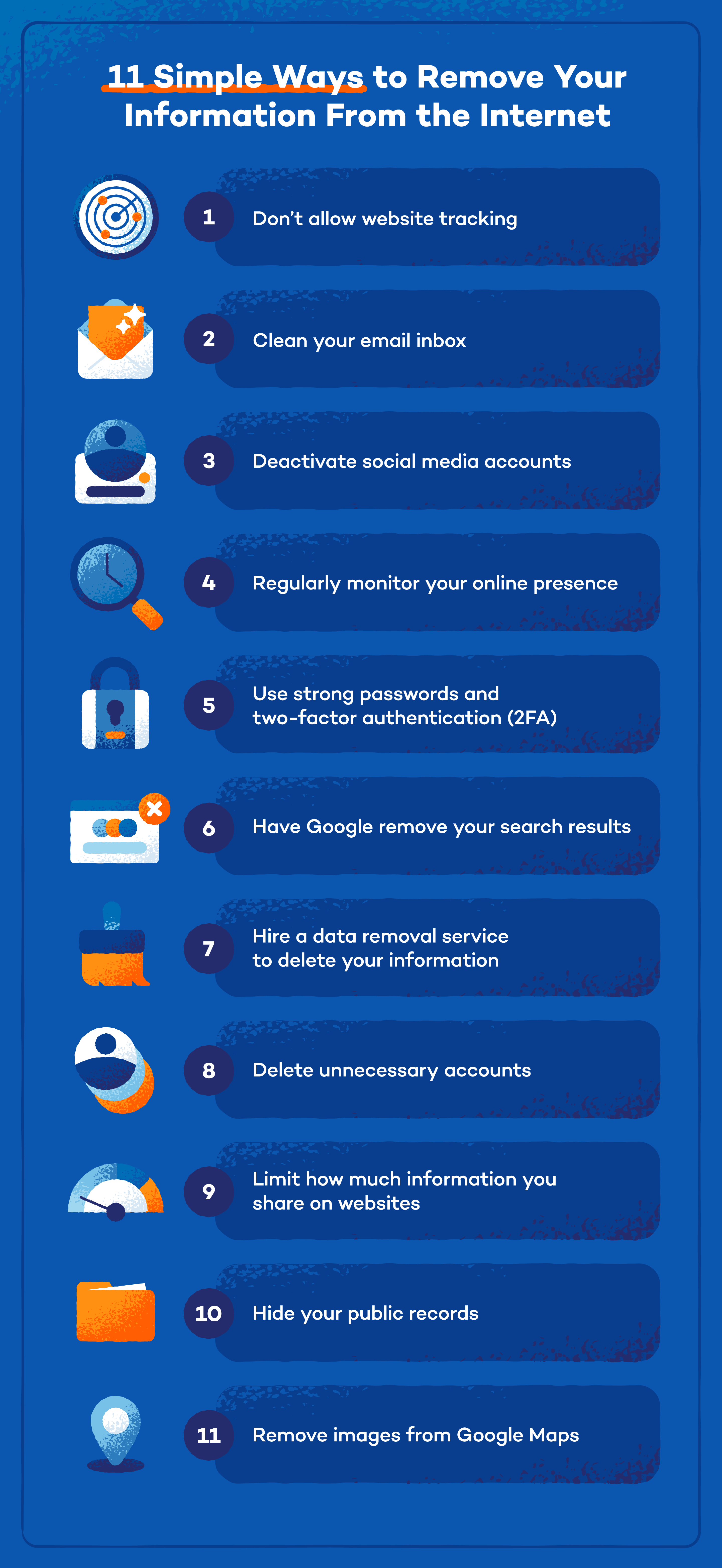 Graphic showing 11 ways to remove your information from the internet.