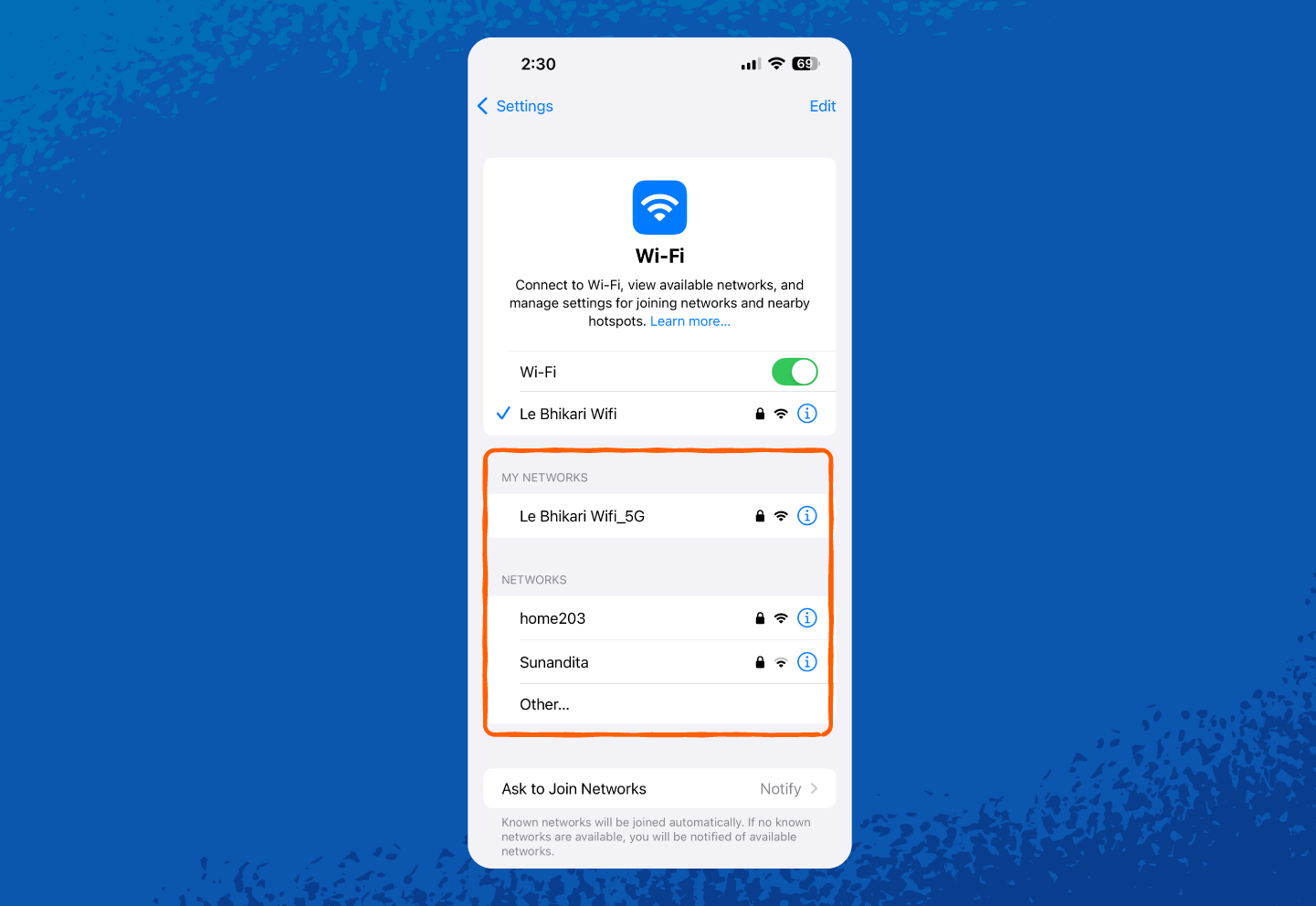 An iPhone screenshot showing where to choose your Wi-Fi network.