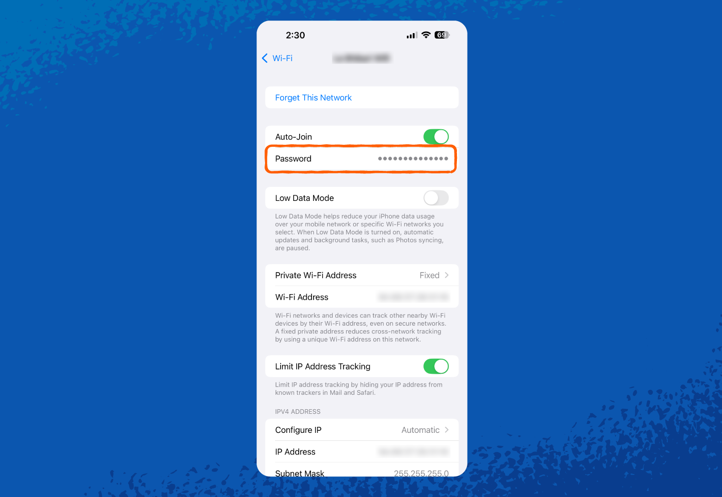 An iPhone screenshot showing where to tap on your password.