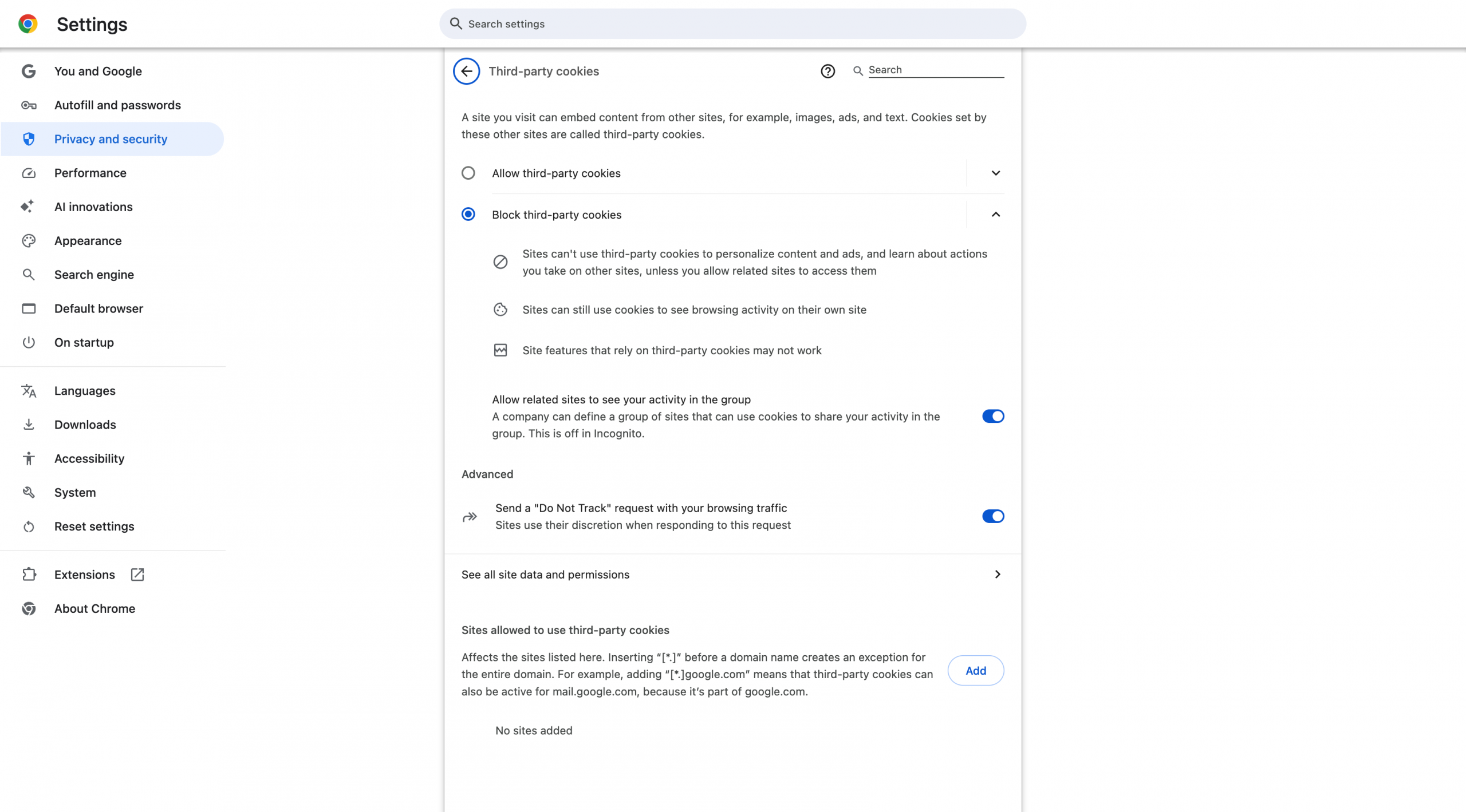 Screenshot showing how to block third party cookies