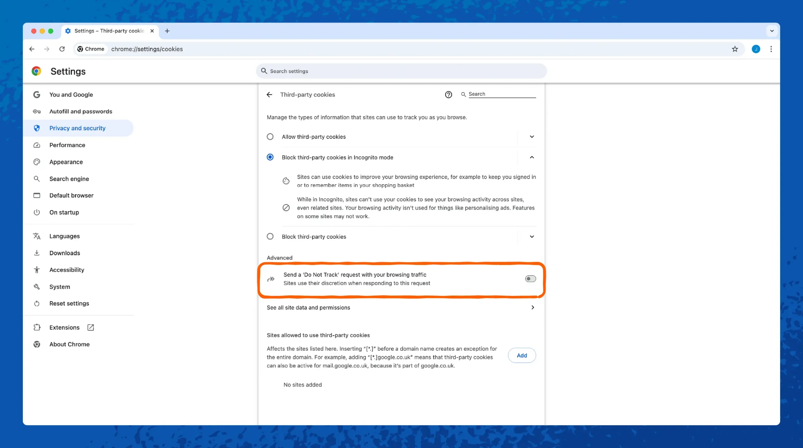 Screenshot of privacy settings in the Chrome internet browser. 