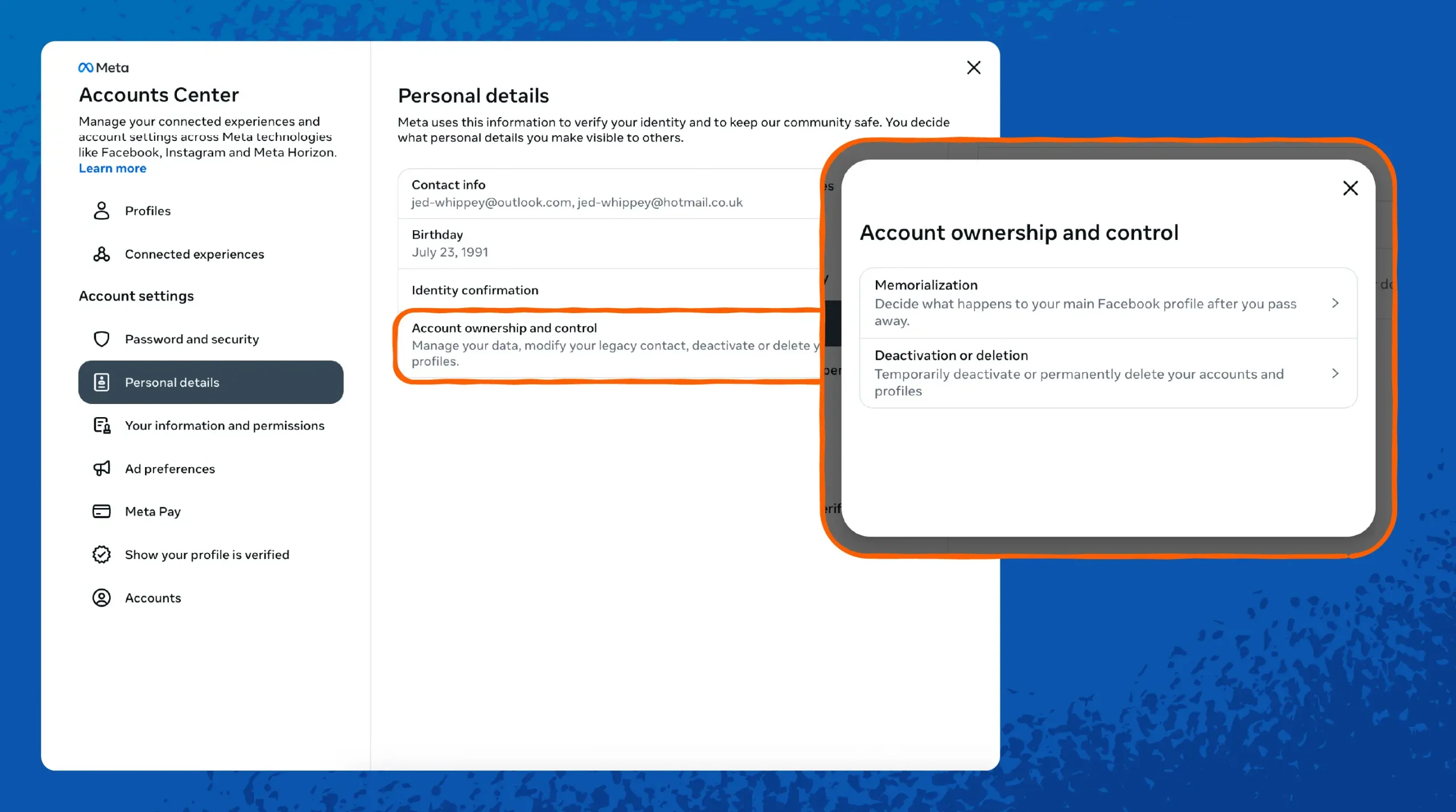 Screenshots of deactivation settings for Facebook. 