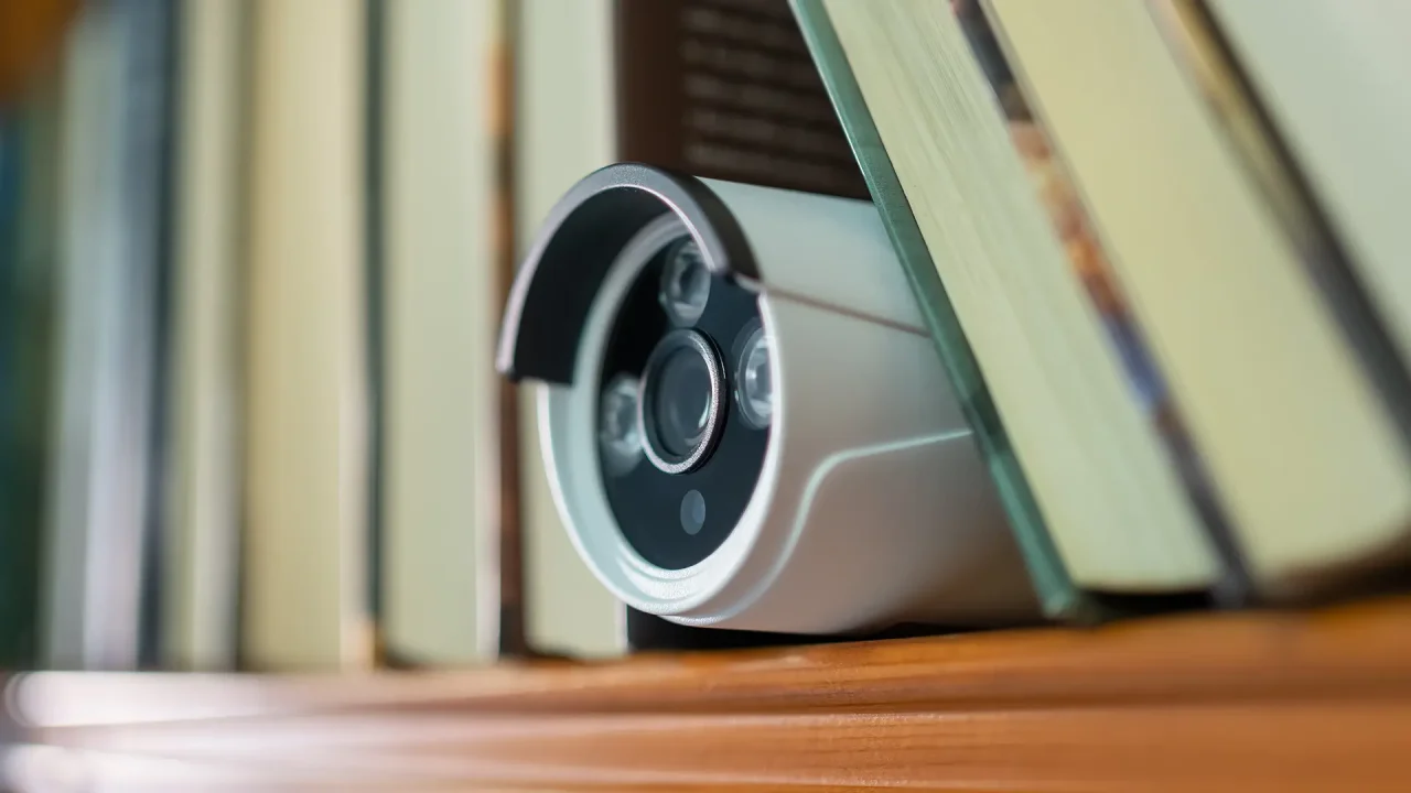 a hidden camera concealed on a bookshelf