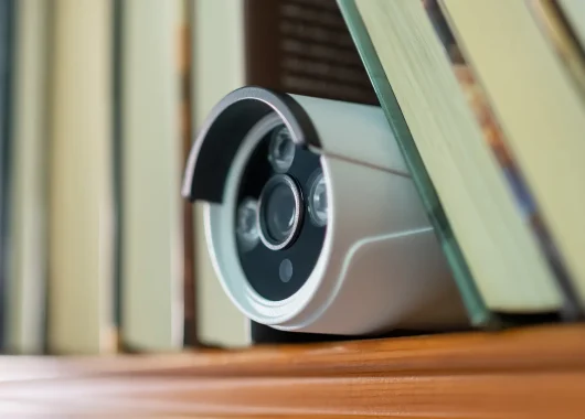 a hidden camera concealed on a bookshelf