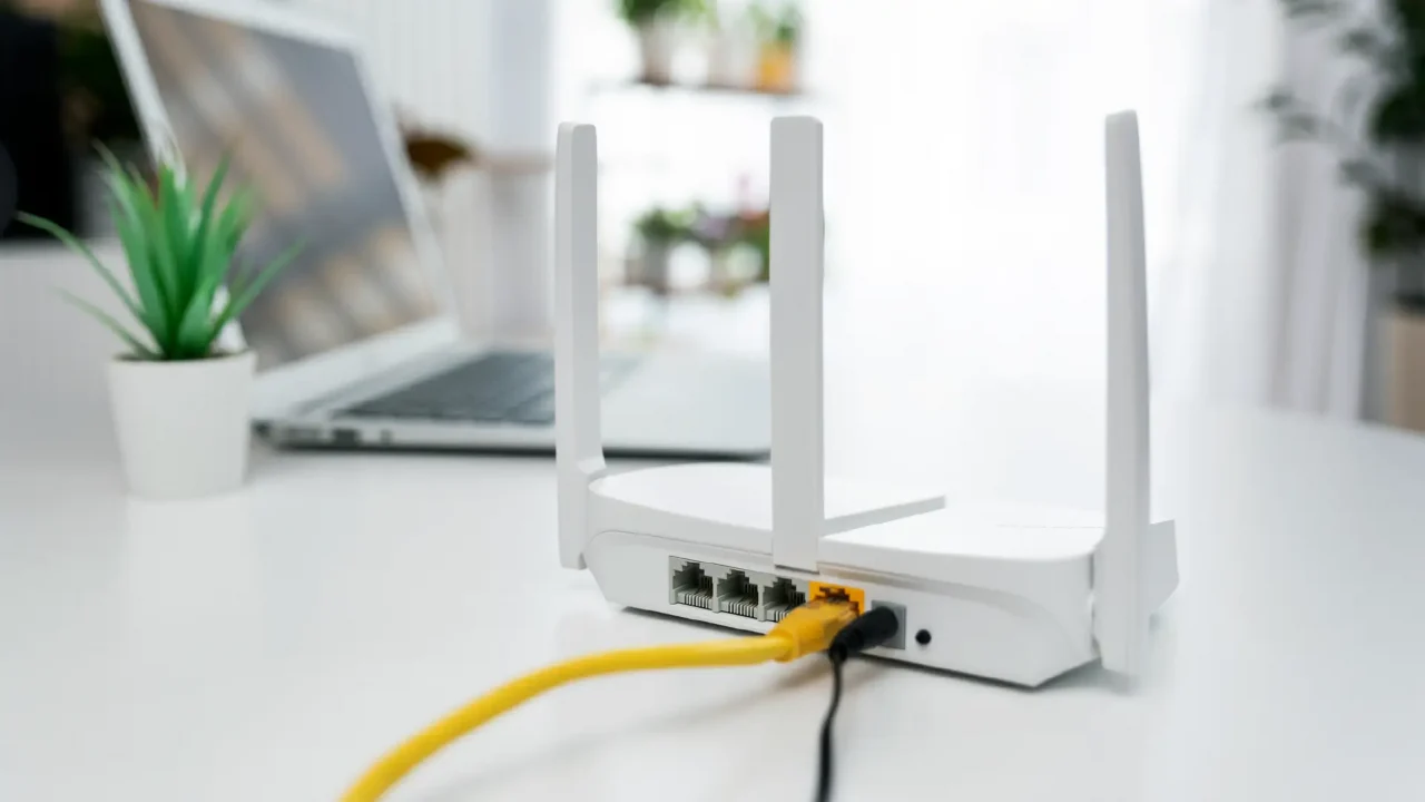 A white colored Wi-Fi router on a table next to a plant and a laptop.