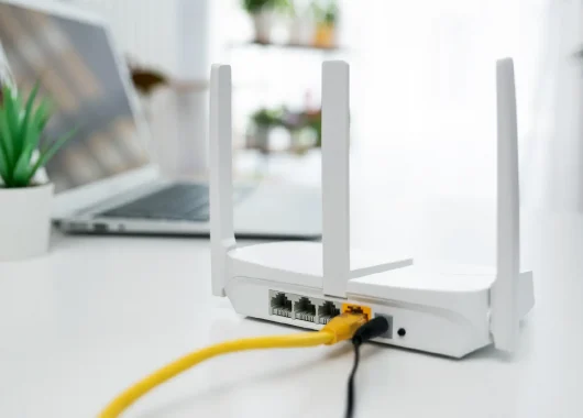 A white colored Wi-Fi router on a table next to a plant and a laptop.